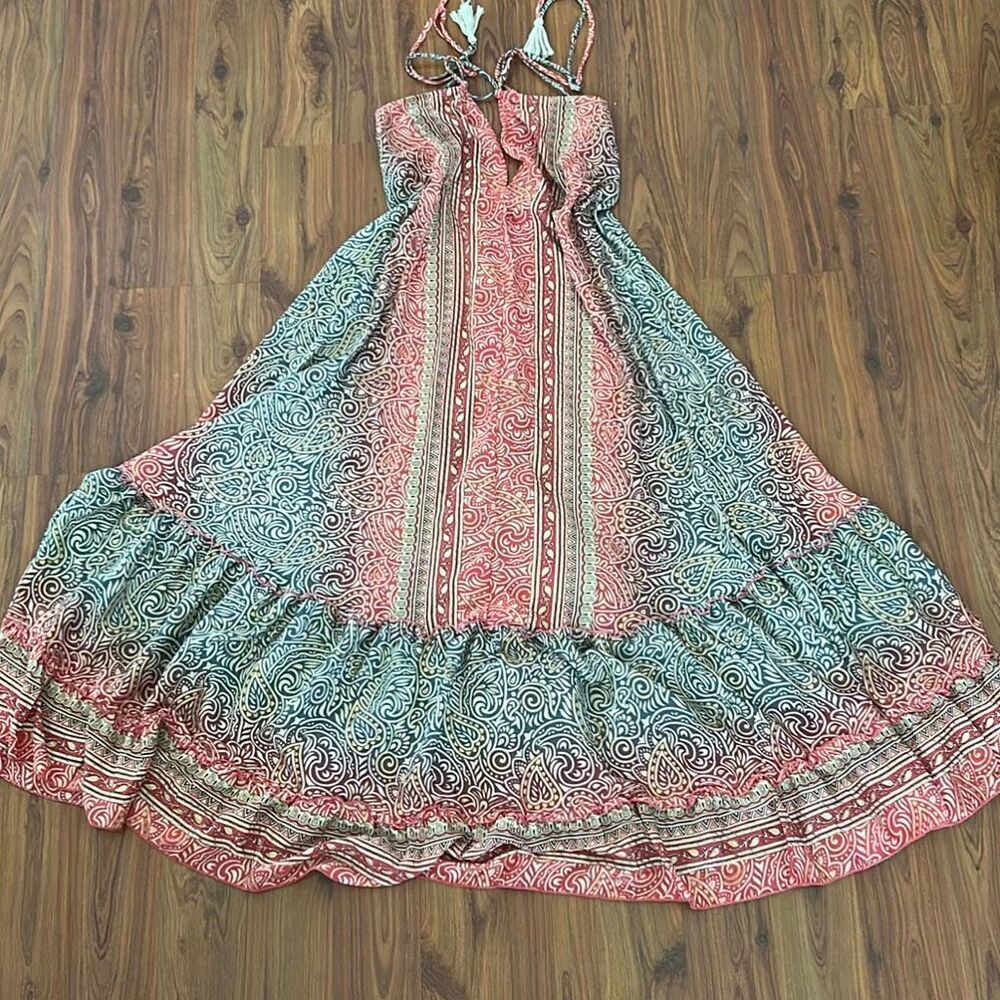Sunny oceans 70% silk Bohemian peasant dress spaghetti strap with tassels low ba